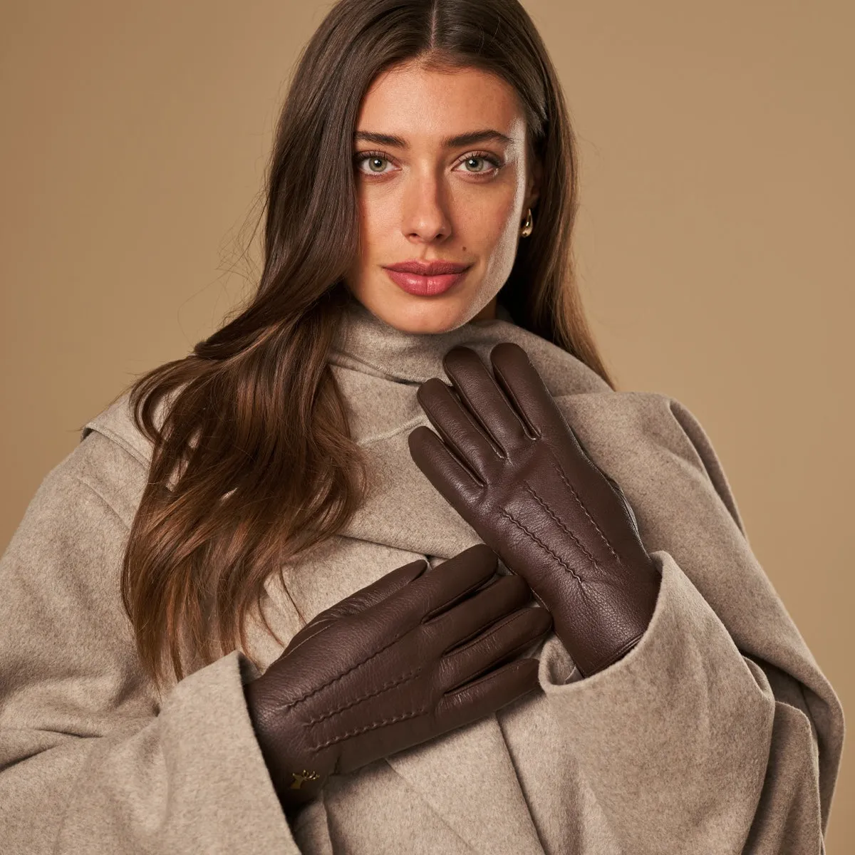 Alessandra (brown) - goatskin leather gloves with lambswool lining & touchscreen feature