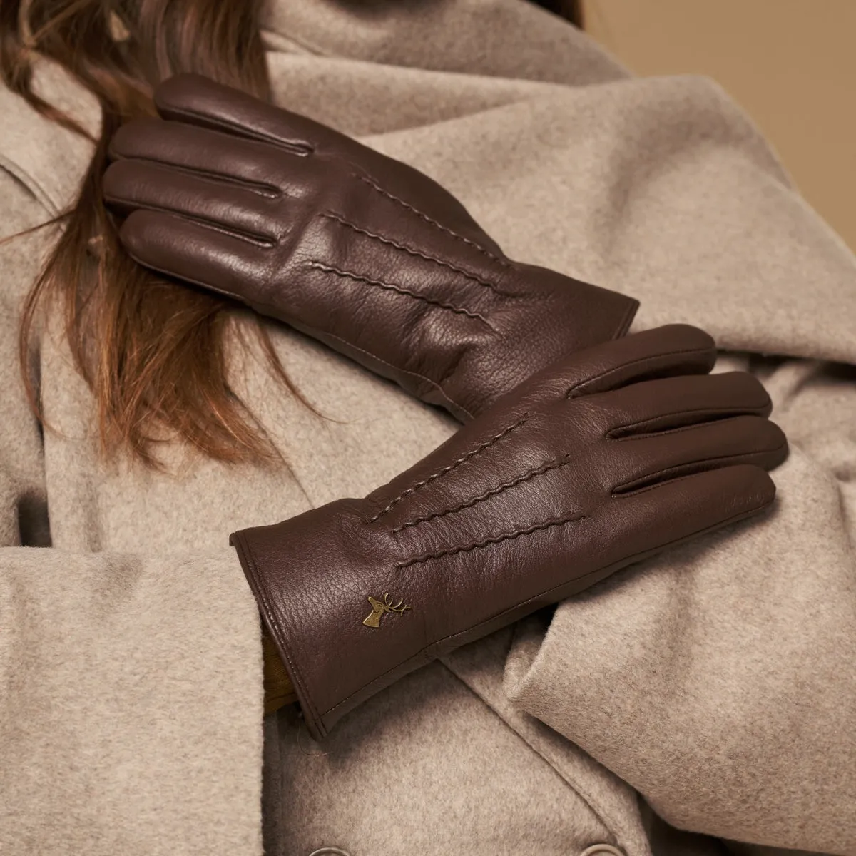 Alessandra (brown) - goatskin leather gloves with lambswool lining & touchscreen feature