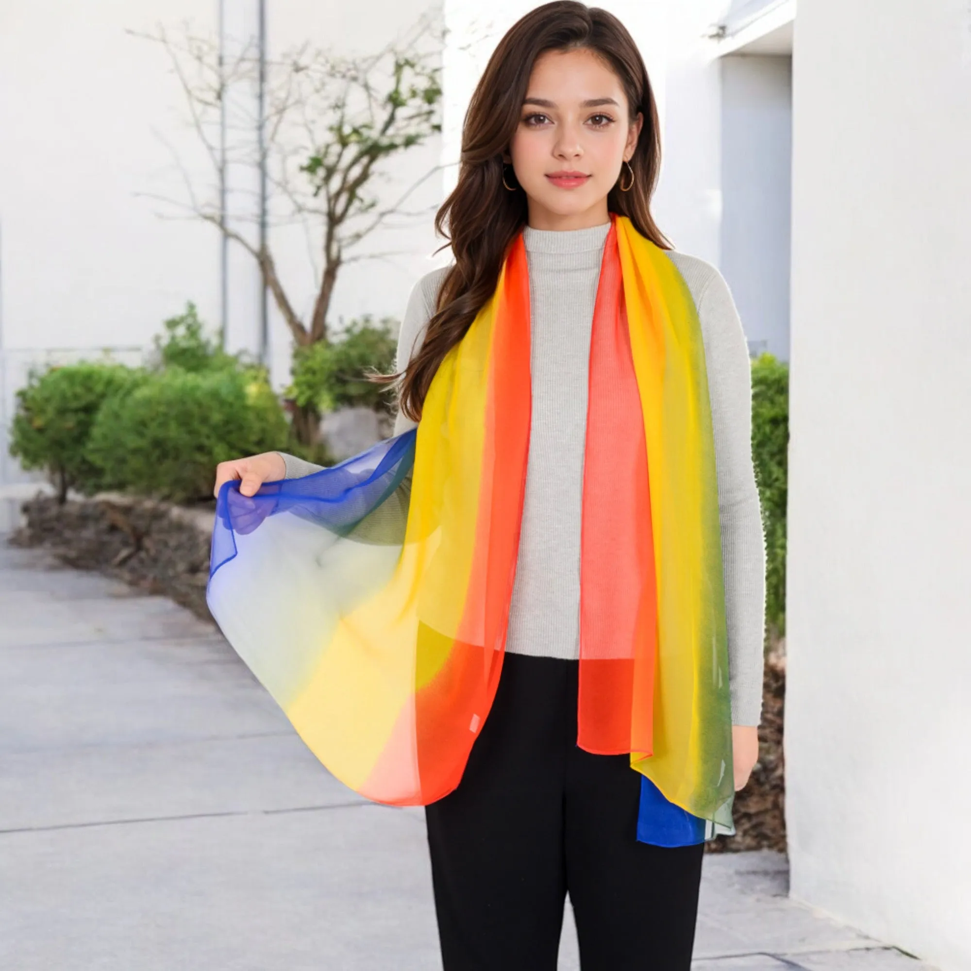 Anna-Kaci Women's Lightweight Gradient Chiffon Scarves with Flowing Ruffled Edges in Vibrant Multi-Color Designs