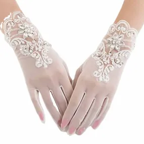 Attractive Tulle With Pearl Wrist Length Wedding Gloves