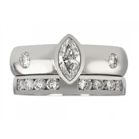 Bezel Marquise Wide Band Wedding Set with Floating Diamonds