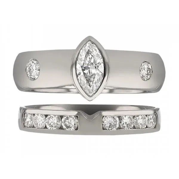 Bezel Marquise Wide Band Wedding Set with Floating Diamonds