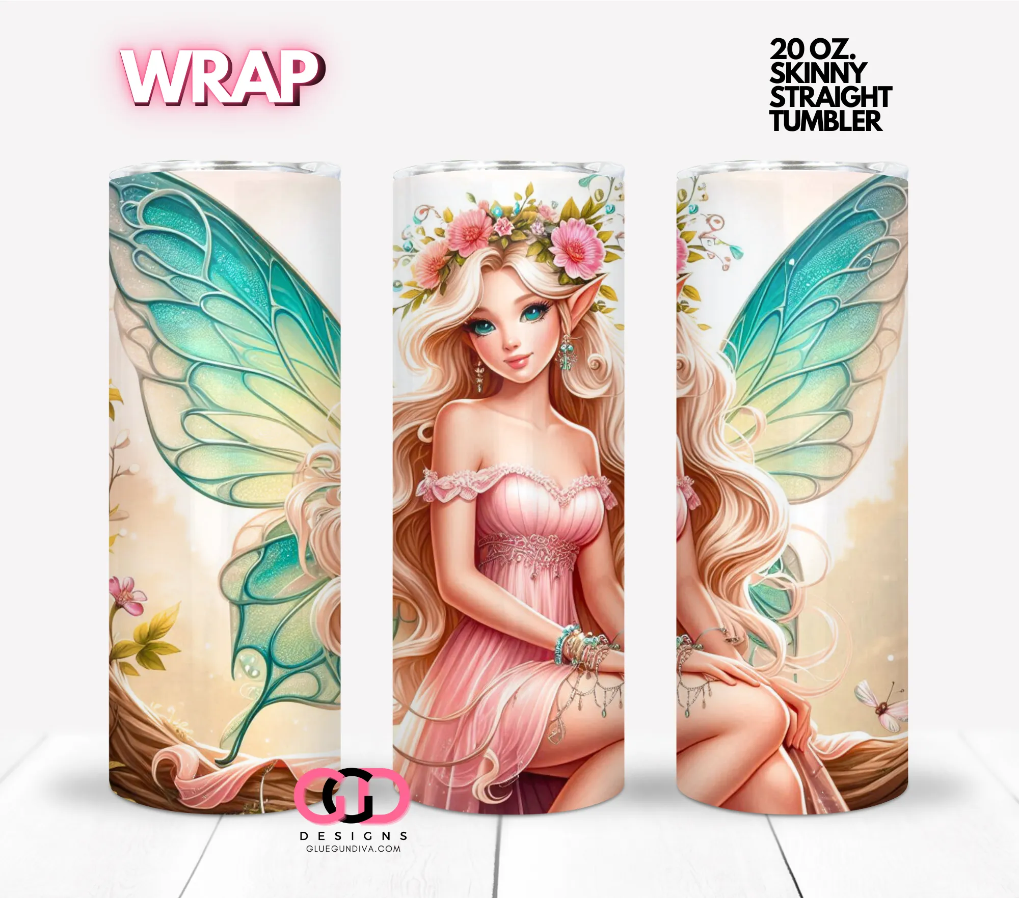 Blonde Fairy Teal Wings-  Digital tumbler wrap for 20 oz skinny straight tumbler