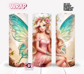 Blonde Fairy Teal Wings-  Digital tumbler wrap for 20 oz skinny straight tumbler