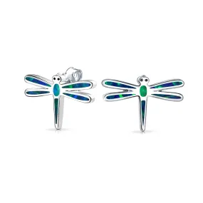 Blue Opal Dragonfly Firefly Stud Earrings in Sterling Silver