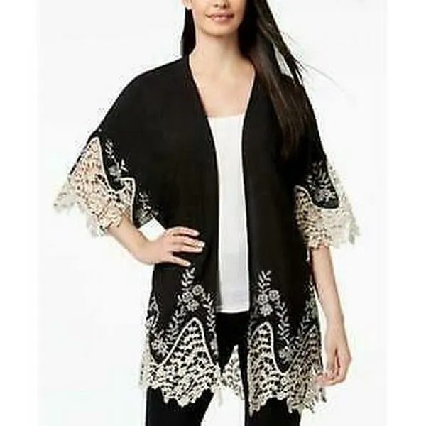 Cejon Black Scallop Trim Embroidery Sheer Kimono, OS