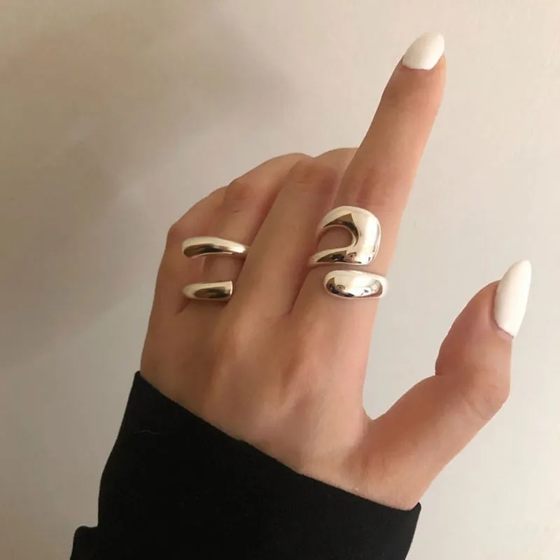 Creative Geometric Silver Ring Set with Hollow Irregular Style