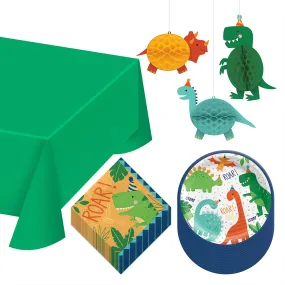 Dinosaur Dino-Mite Party Pack - Paper Dessert Plates, Napkins, Table Cover, and Hanging Cutouts Set (Serves 16)