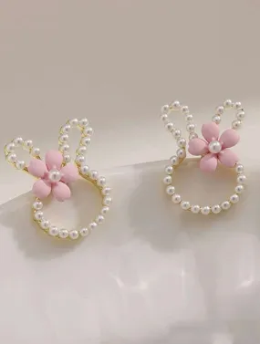 Easter Bunny Earrings with Pearls and a Pink Dainty Flower