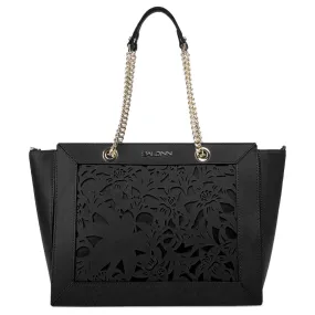 Elegant Black Floral Calfskin Shoulder Bag