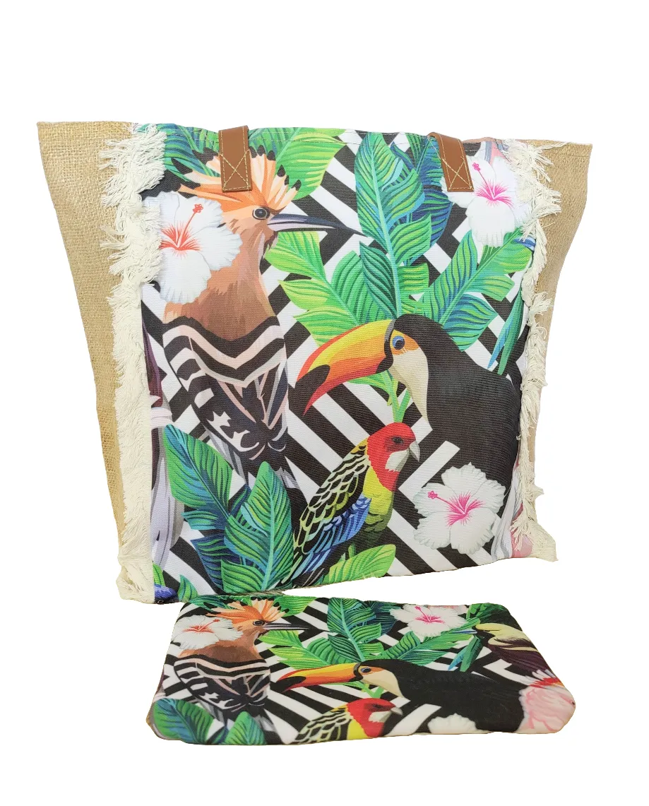 Fashion Accessory. Handbag. Tropical Floral Bird Print Tote Jute Bag and Matching Pouch.