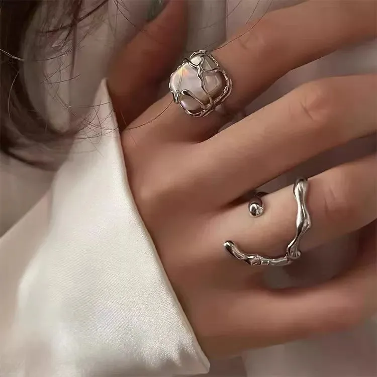 Fashion Silver Color Minimalist Irregular Twined Finger Rings Creative Geometric Punk Opening Rings for Women Girls Jewelry