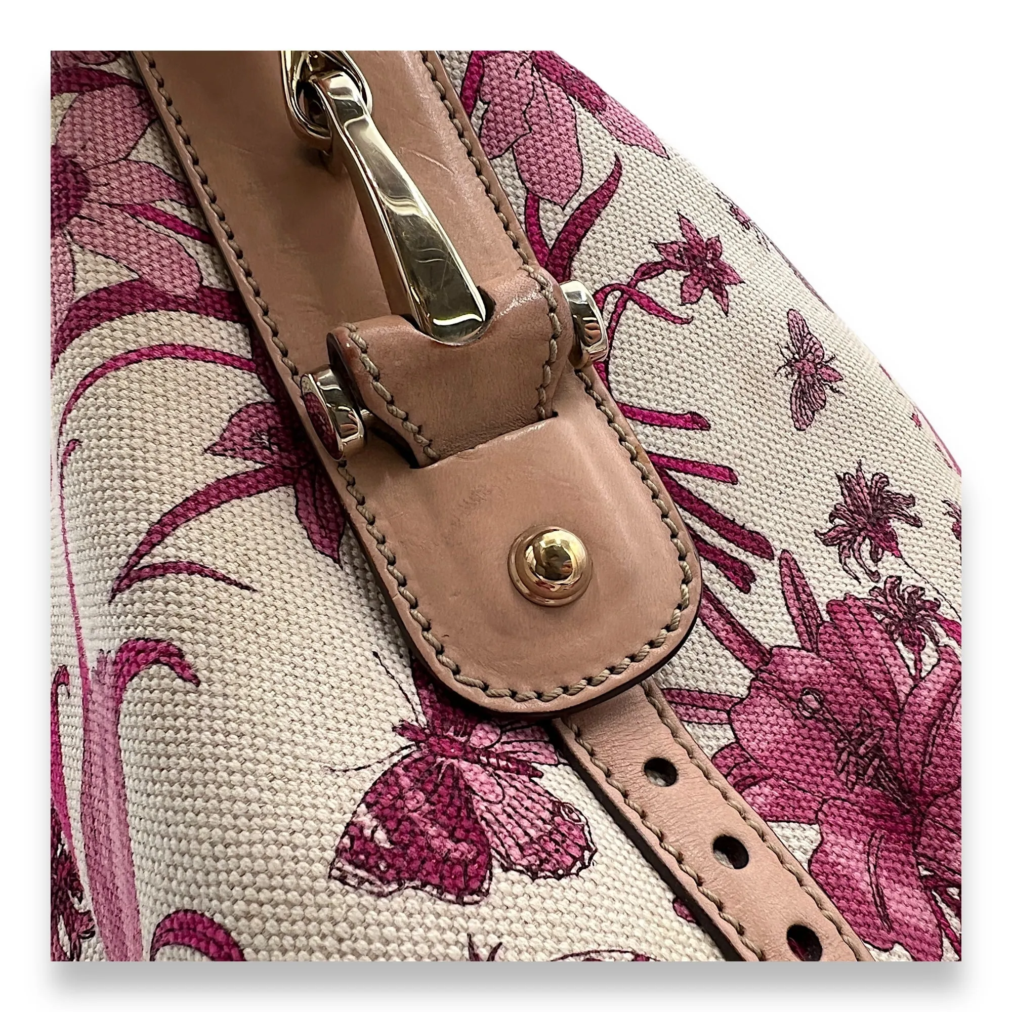 Floral Multi-colour Top Handle Bag in Canvas, Light Gold hardware