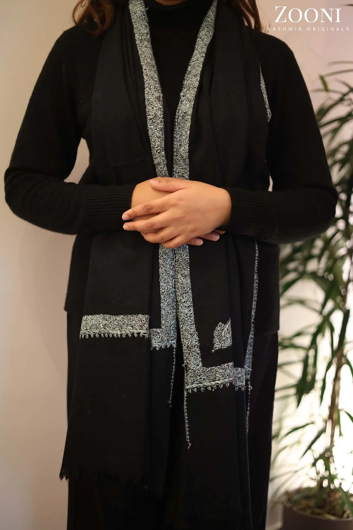 Hand Embroidered Hashia Stole/Wrap - Black and Blue