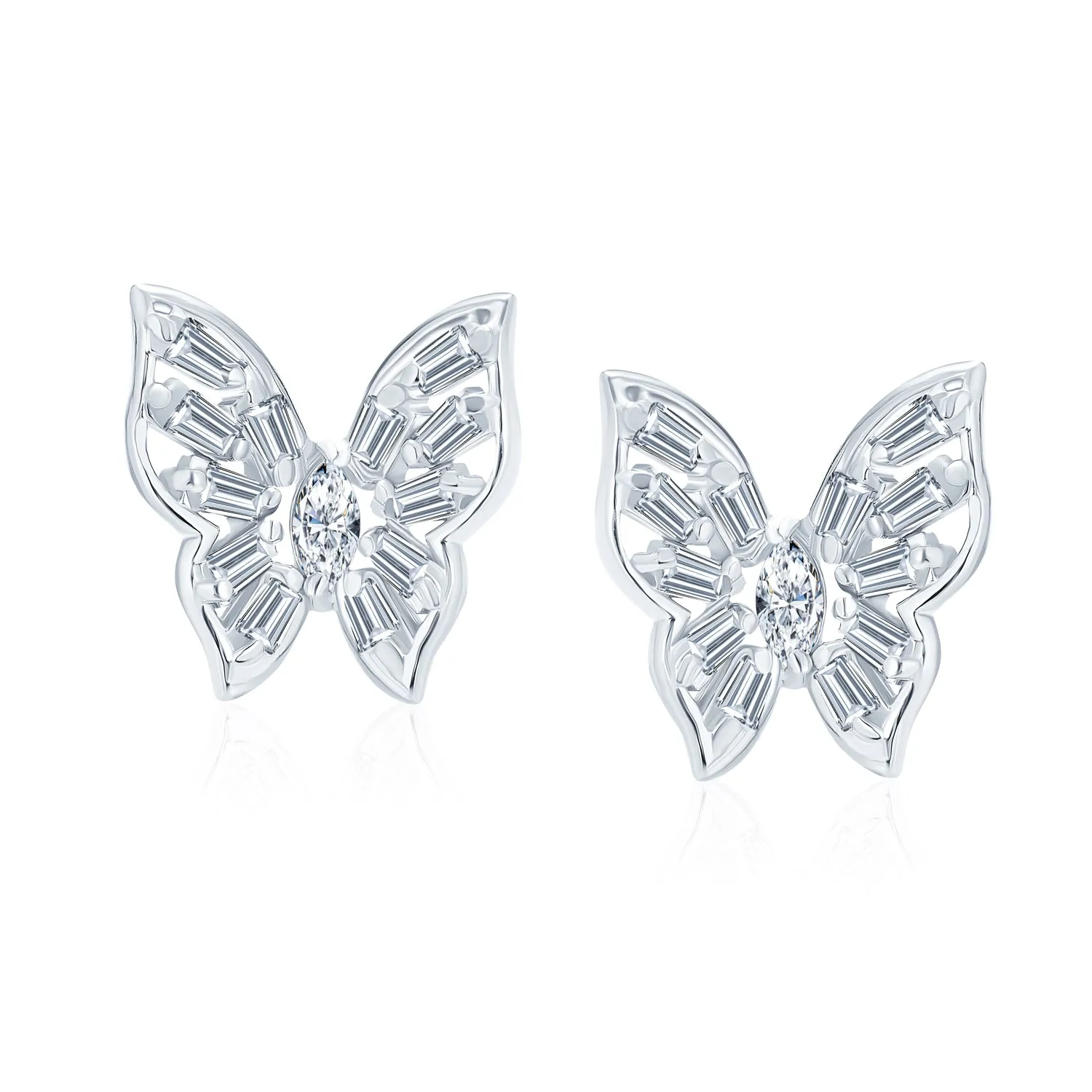 Marquise Baguette CZ Stud Earrings 3D Butterfly Sterling Silver