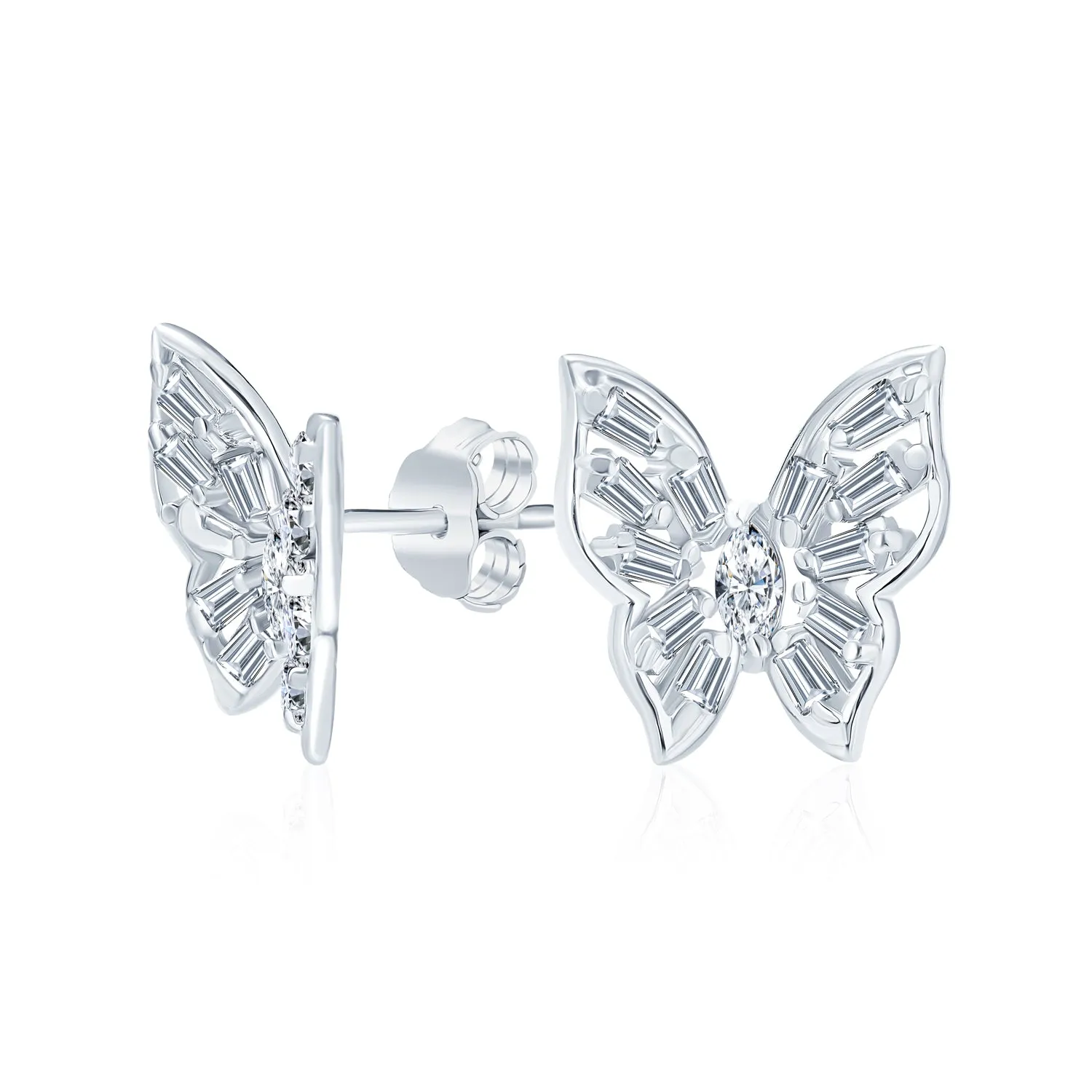 Marquise Baguette CZ Stud Earrings 3D Butterfly Sterling Silver