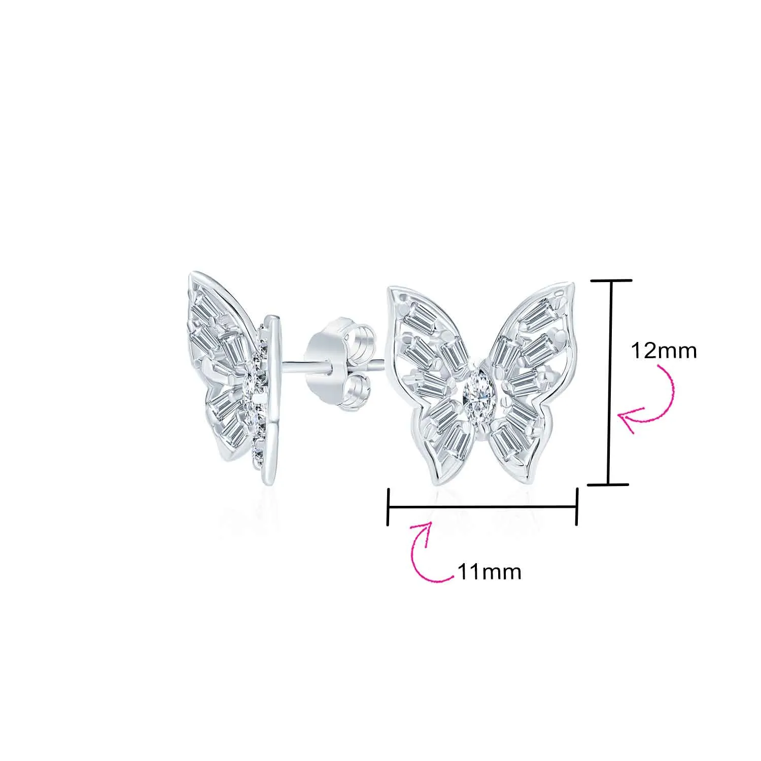 Marquise Baguette CZ Stud Earrings 3D Butterfly Sterling Silver