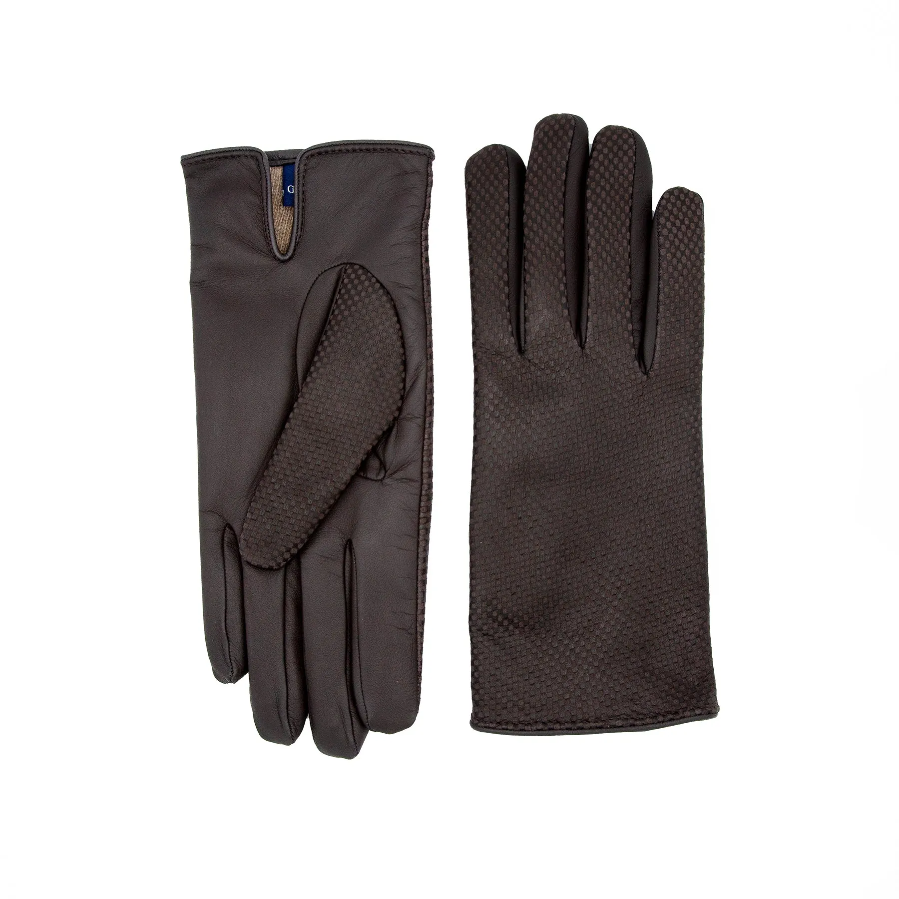 Men's brown printed and touchscreen nappa leather gloves and cashmere lining