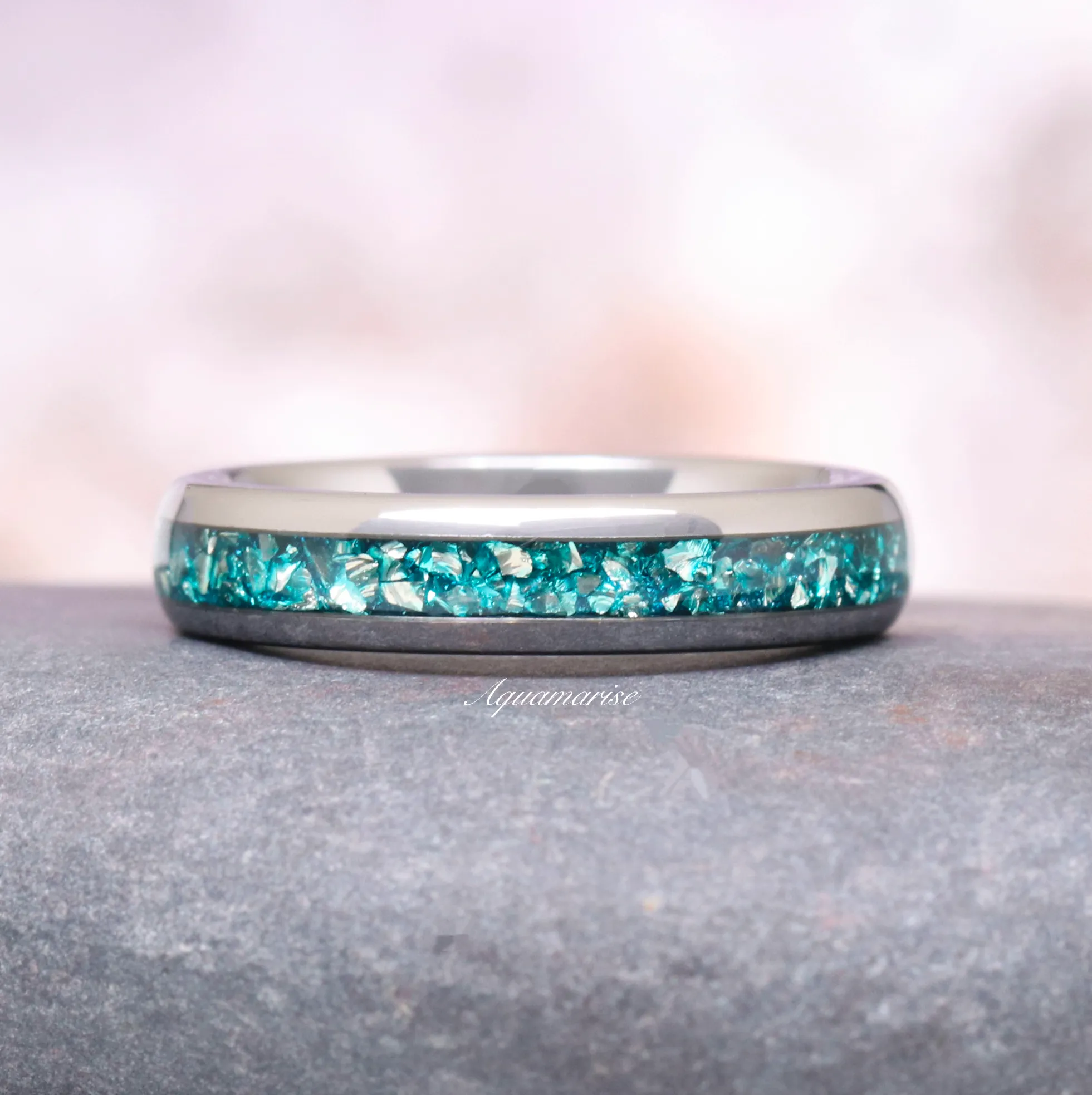 Minimalist Crushed Aquamarine Couples Ring