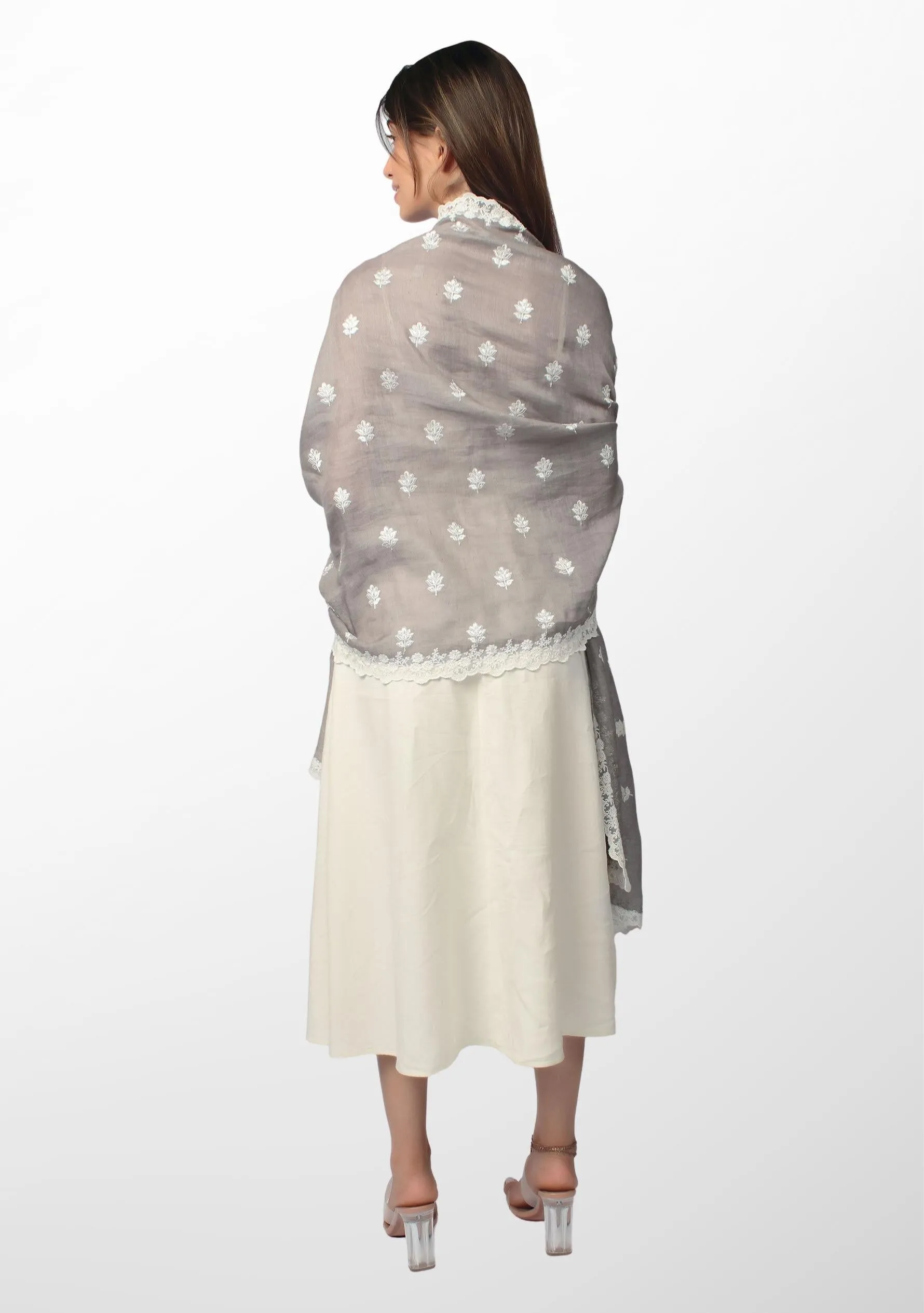 Mousse Linen and Modal Scarf with White Floral Embroidery and White Floral Lace Border