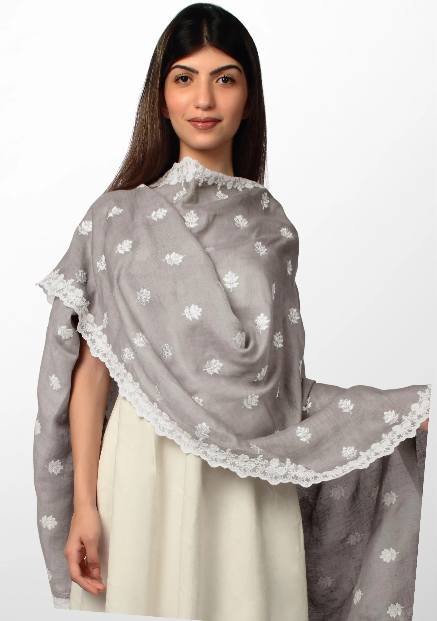 Mousse Linen and Modal Scarf with White Floral Embroidery and White Floral Lace Border