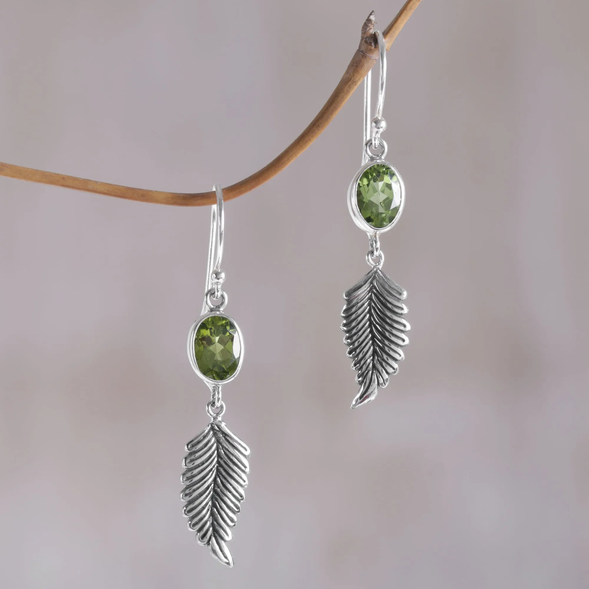 Passionate Hope Balinese 925 Sterling Silver Feather Earrings with Peridot