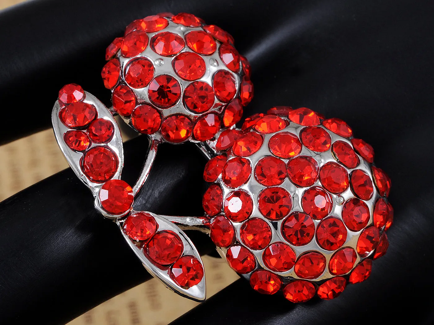 Red Cherry Cherries Stem Encrusted Ring