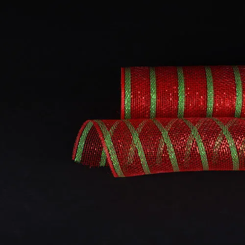 Red with Emerald Lines - Holiday Floral Mesh Wraps - ( 21 Inch x 10 Yards )