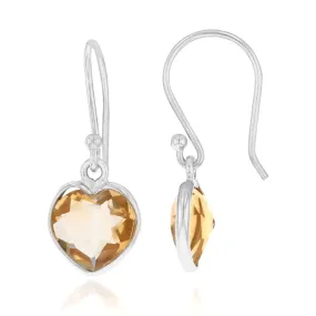 Sterling Silver 8mm Citrine Bezel Heart Drop Earrings