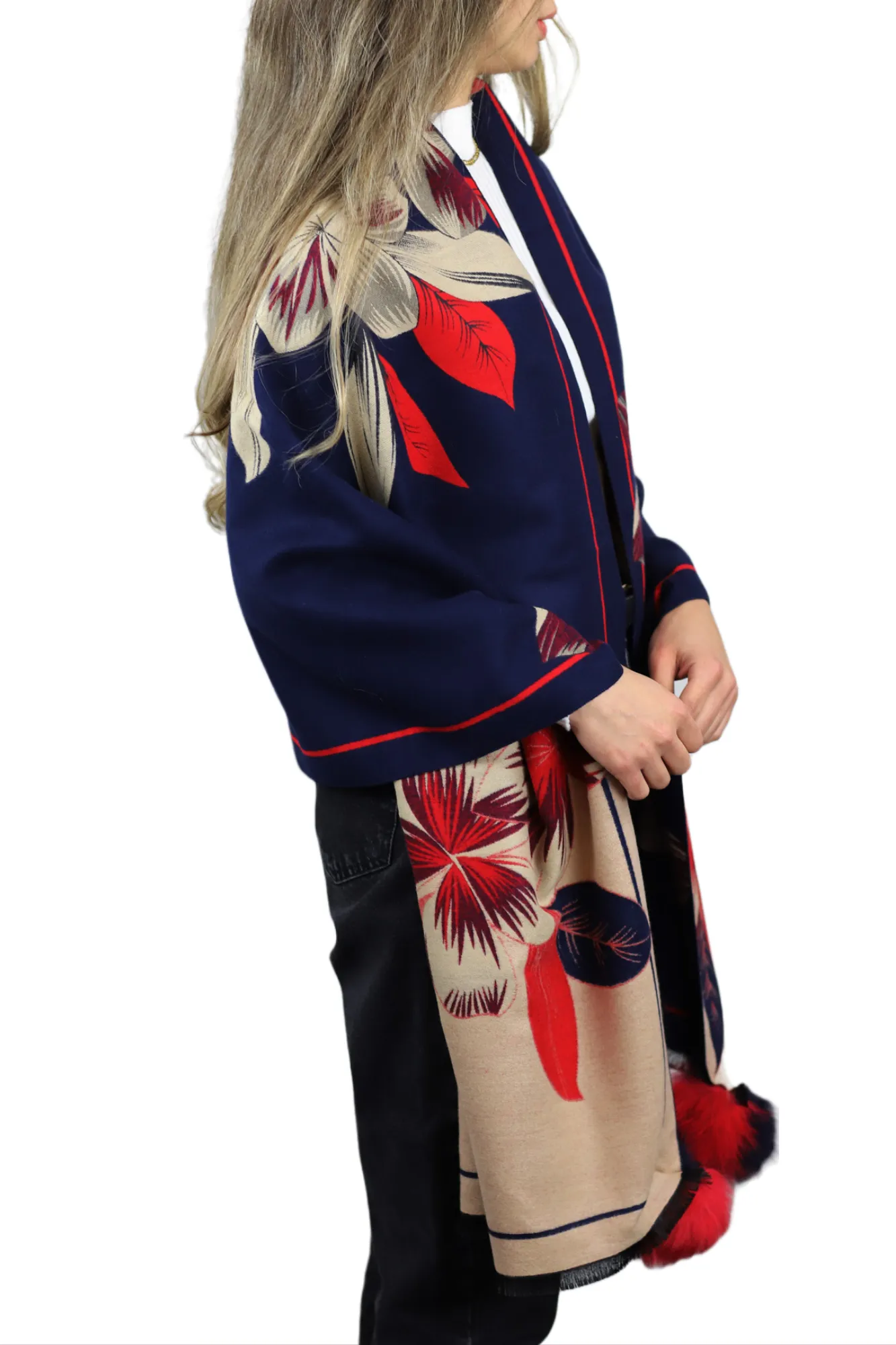 Stylish Floral Print Wrap with Fox Poms - Navy