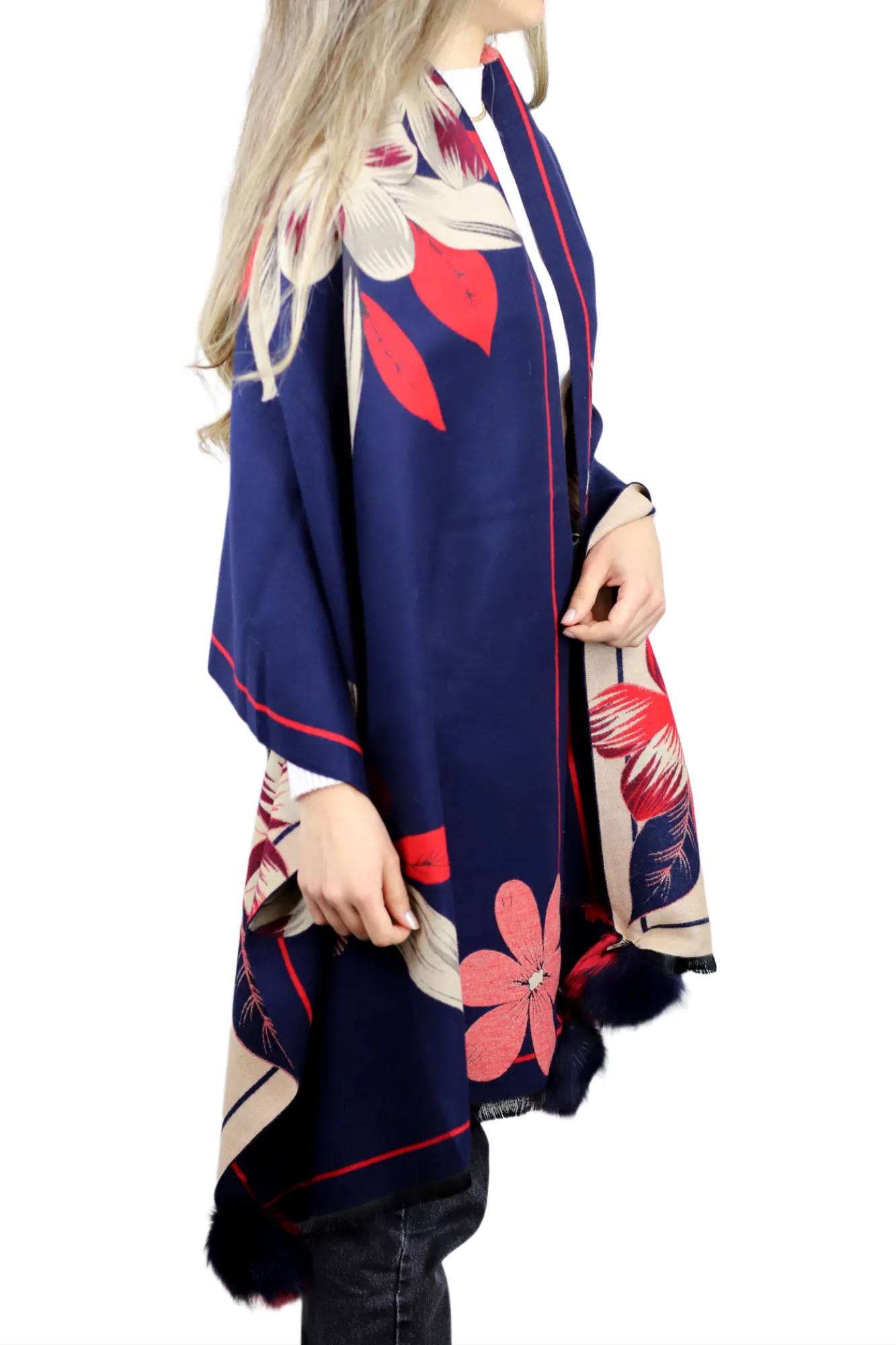 Stylish Floral Print Wrap with Fox Poms - Navy