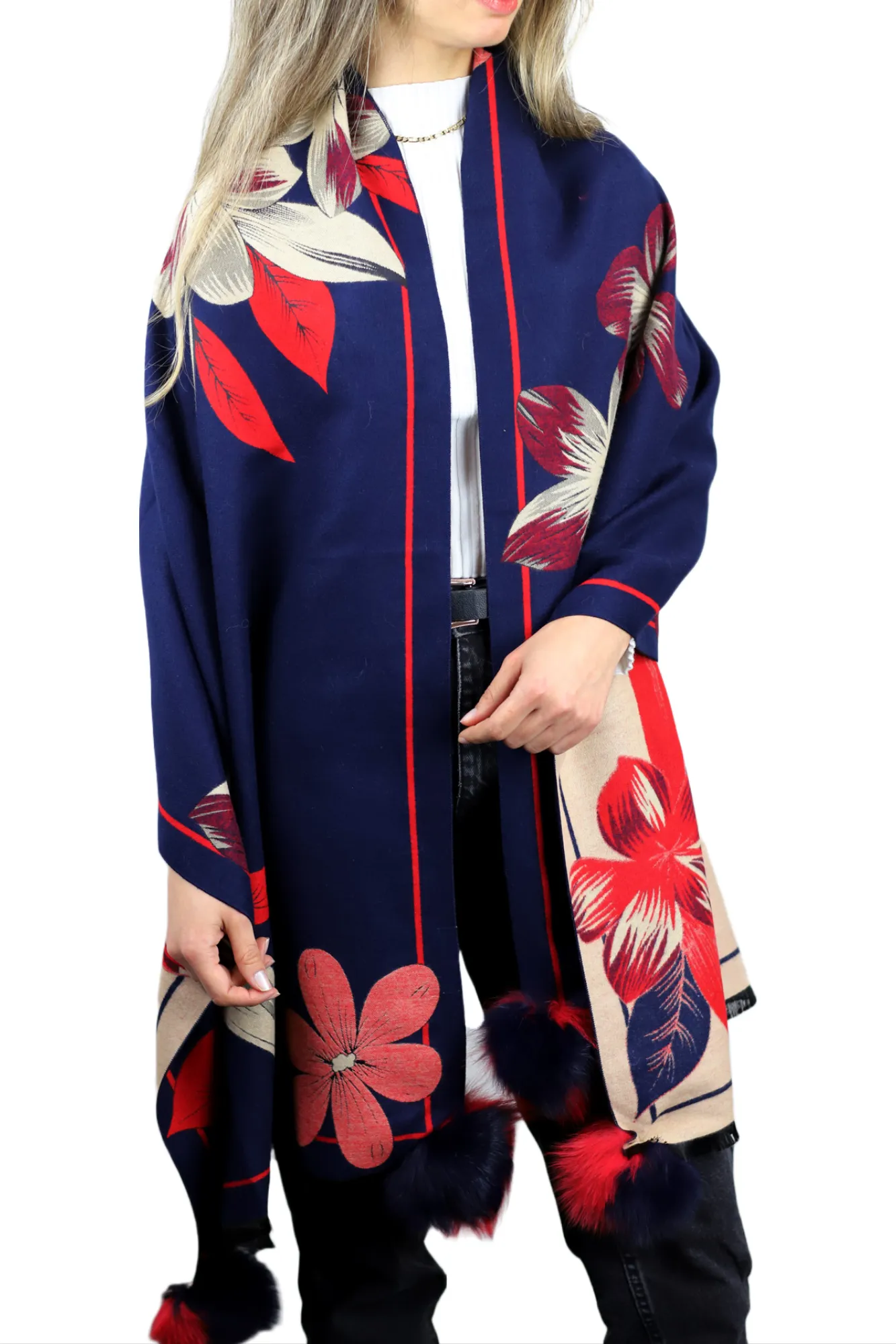 Stylish Floral Print Wrap with Fox Poms - Navy