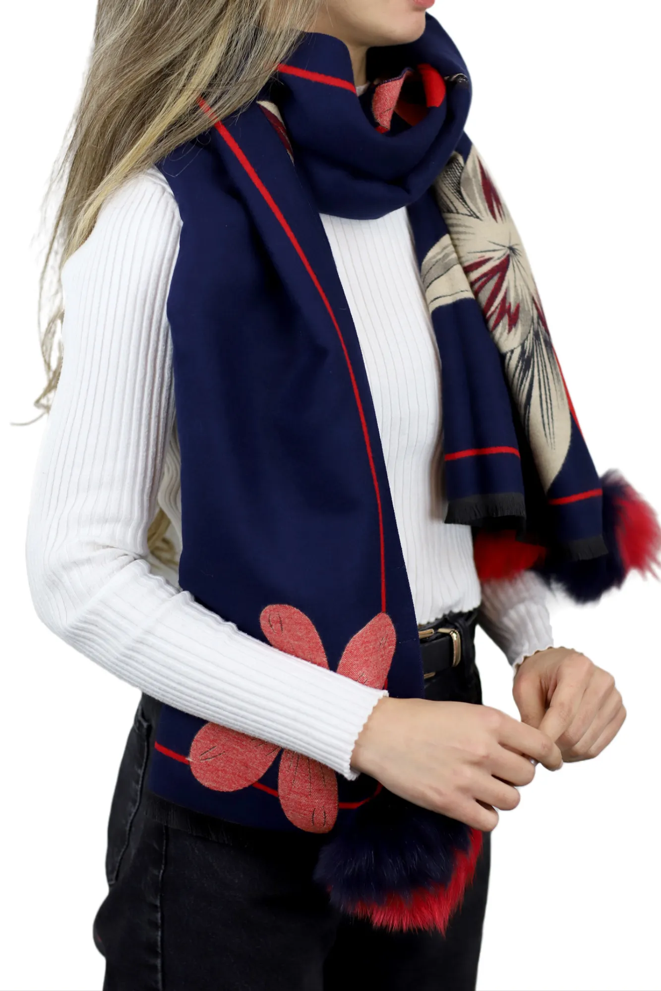 Stylish Floral Print Wrap with Fox Poms - Navy