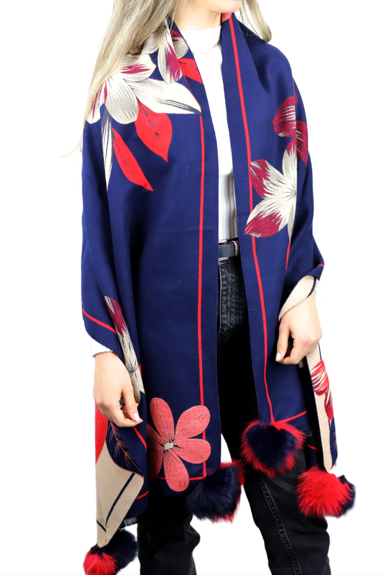 Stylish Floral Print Wrap with Fox Poms - Navy