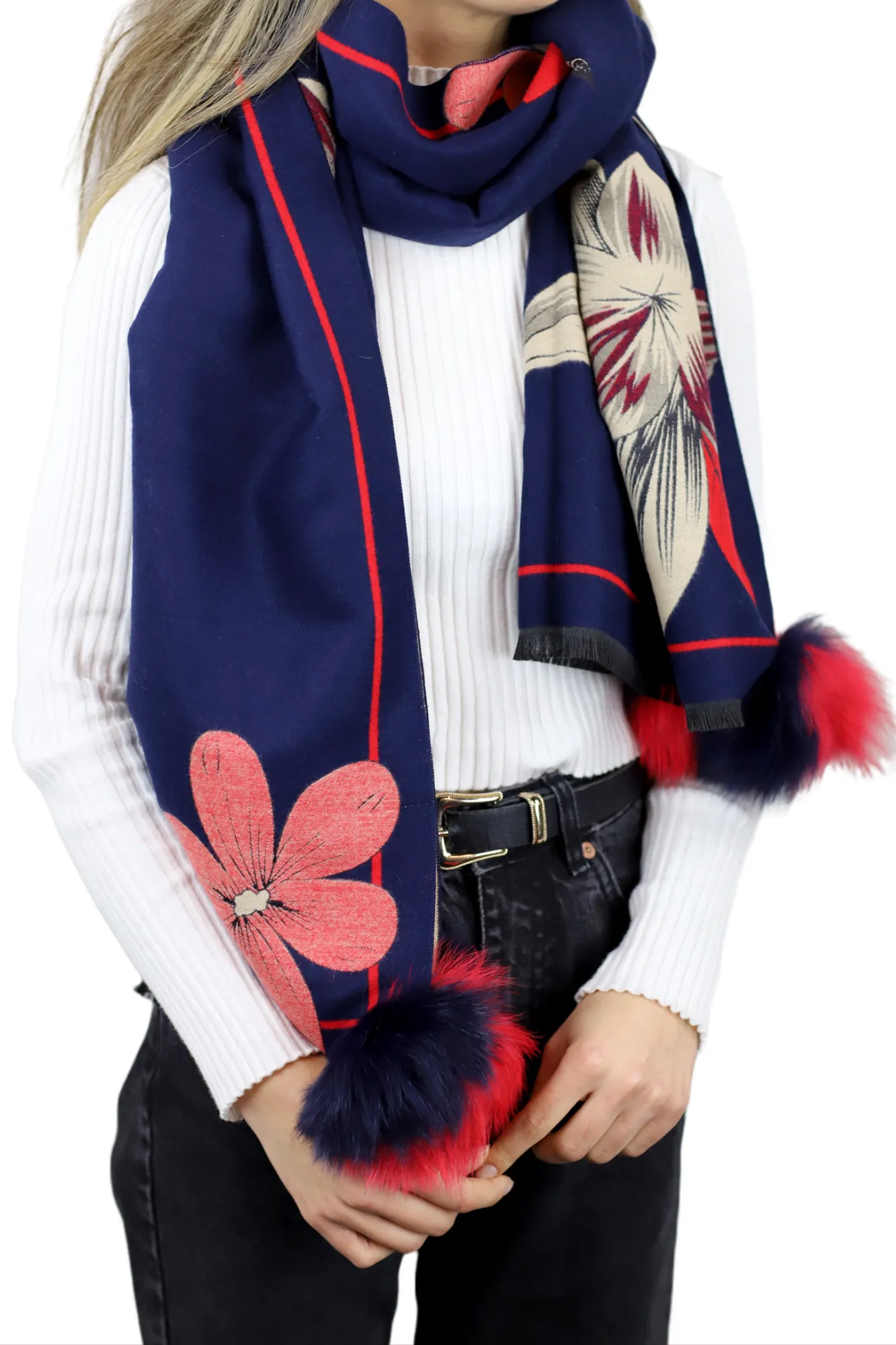 Stylish Floral Print Wrap with Fox Poms - Navy