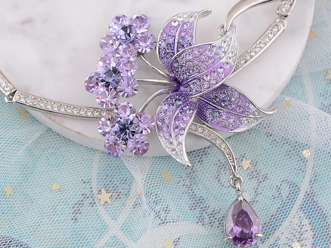 Swarovski Crystal Purple Floral Lily Bib Necklace Stud Earrings Set