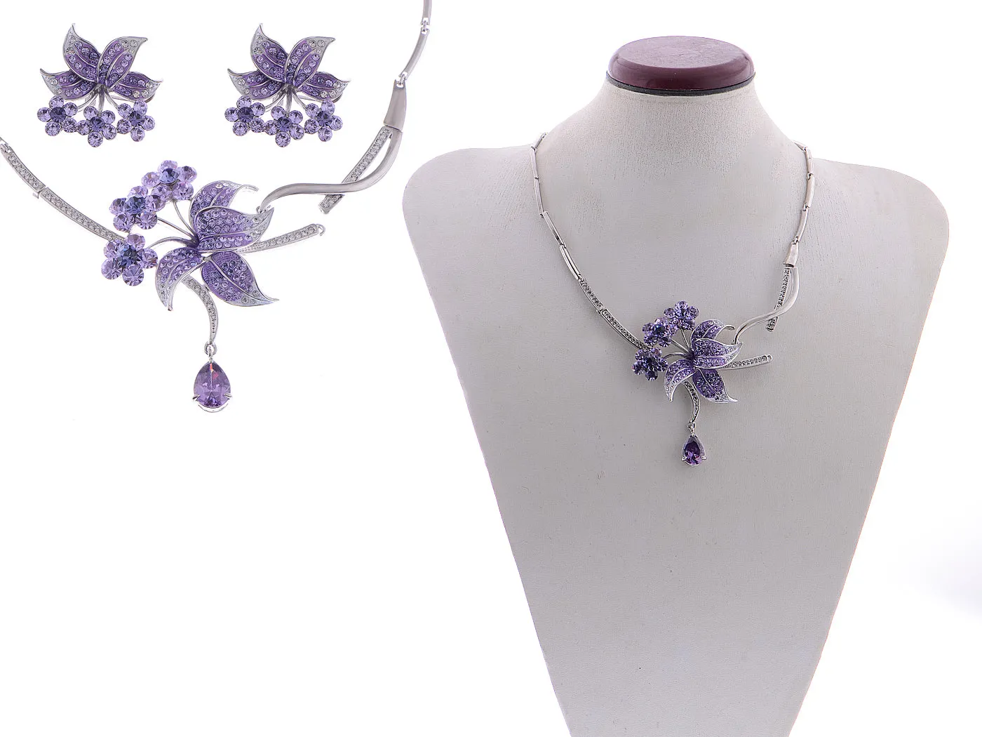 Swarovski Crystal Purple Floral Lily Bib Necklace Stud Earrings Set